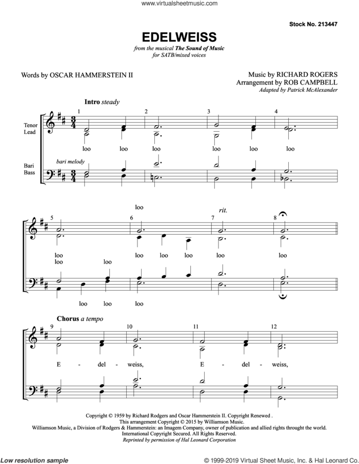 Edelweiss (from The Sound Of Music) (arr. Rob Campbell) sheet music for choir (SATB: soprano, alto, tenor, bass) by Christopher Plummer, Rob Campbell, Oscar II Hammerstein and Richard Rodgers, intermediate skill level