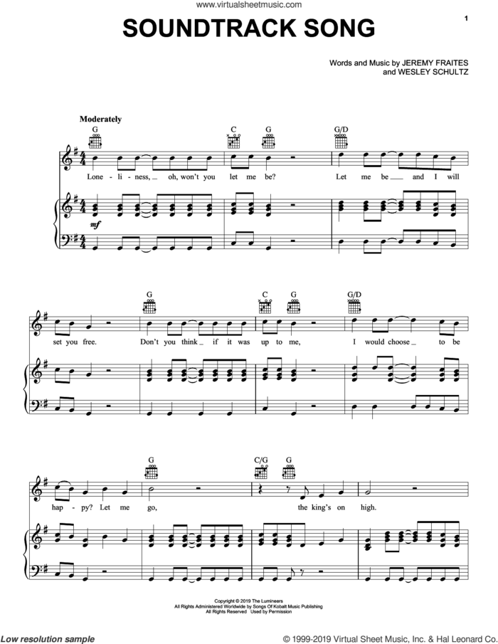 Soundtrack Song sheet music for voice, piano or guitar by The Lumineers, Jeremy Fraites and Wesley Schultz, intermediate skill level