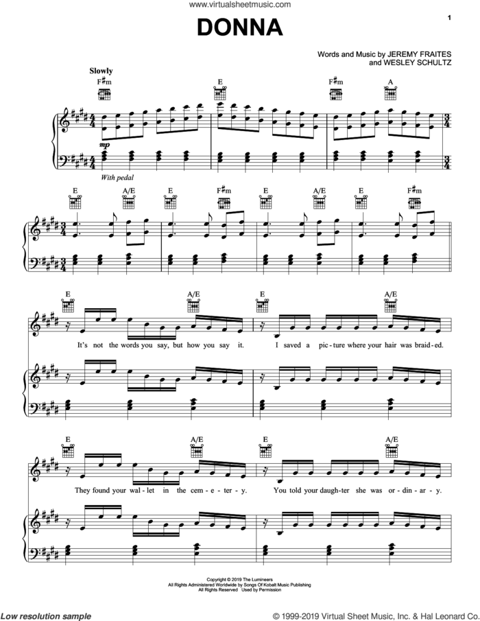 Donna sheet music for voice, piano or guitar by The Lumineers, Jeremy Fraites and Wesley Schultz, intermediate skill level