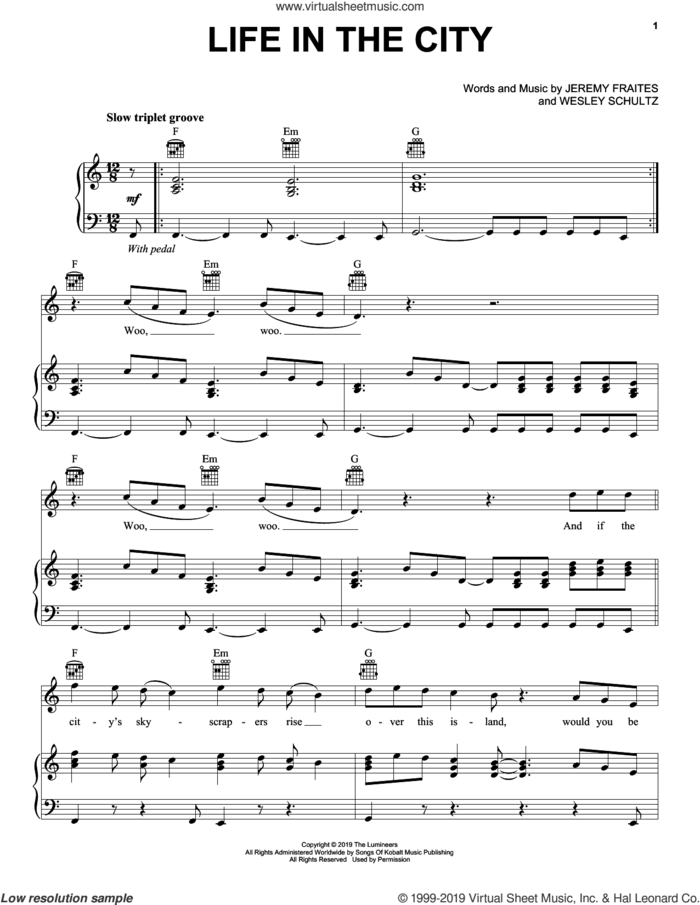 Life In The City sheet music for voice, piano or guitar by The Lumineers, Jeremy Fraites and Wesley Schultz, intermediate skill level