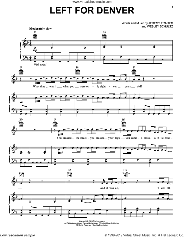 Left For Denver sheet music for voice, piano or guitar by The Lumineers, Jeremy Fraites and Wesley Schultz, intermediate skill level