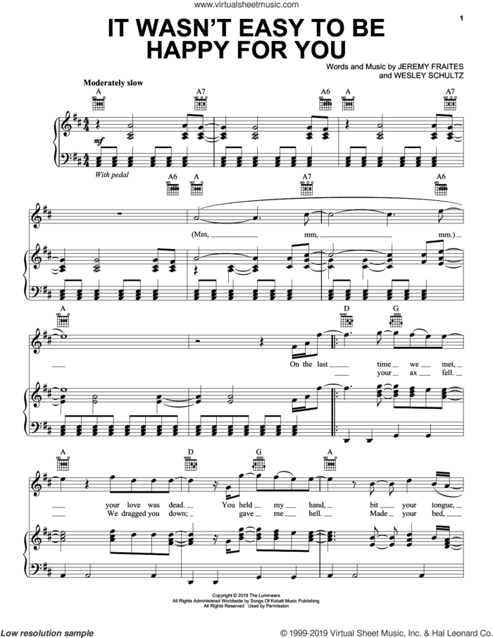 It Wasn't Easy To Be Happy For You sheet music for voice, piano or guitar by The Lumineers, Jeremy Fraites and Wesley Schultz, intermediate skill level