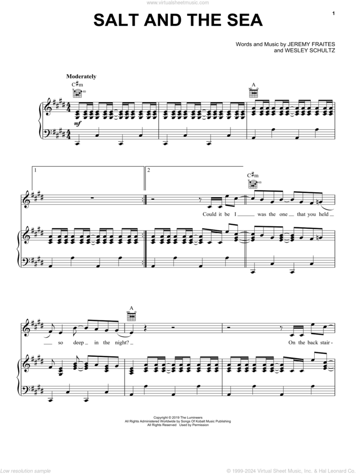 Salt And The Sea sheet music for voice, piano or guitar by The Lumineers, Jeremy Fraites and Wesley Schultz, intermediate skill level