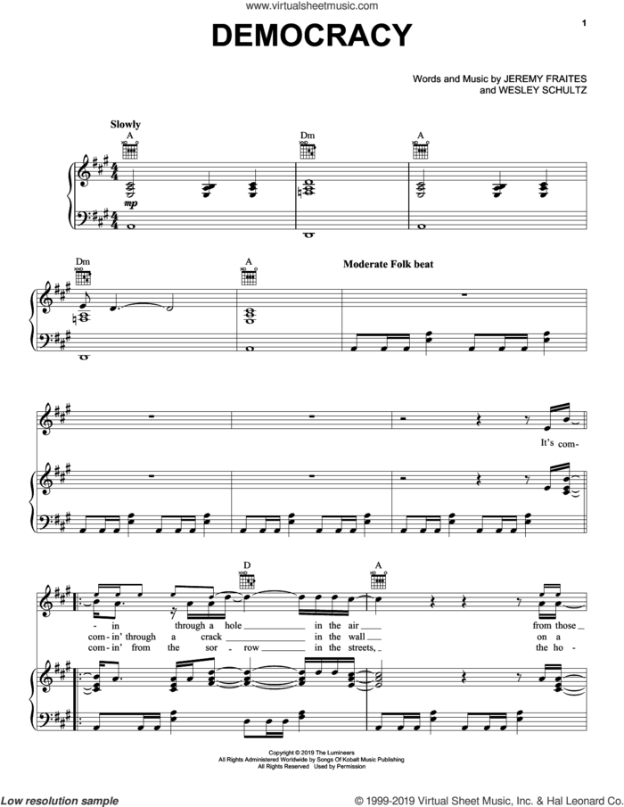 Democracy sheet music for voice, piano or guitar by The Lumineers, Jeremy Fraites and Wesley Schultz, intermediate skill level
