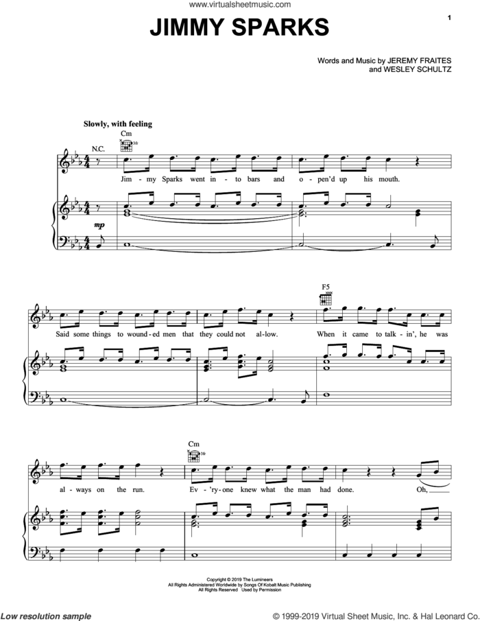 Jimmy Sparks sheet music for voice, piano or guitar by The Lumineers, Jeremy Fraites and Wesley Schultz, intermediate skill level