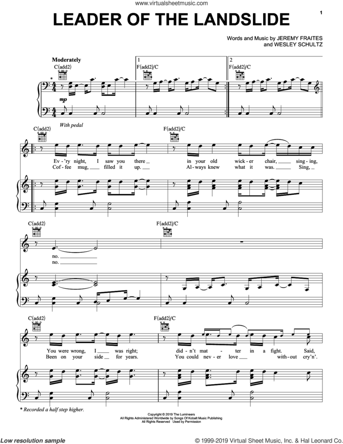 Leader Of The Landslide sheet music for voice, piano or guitar by The Lumineers, Jeremy Fraites and Wesley Schultz, intermediate skill level