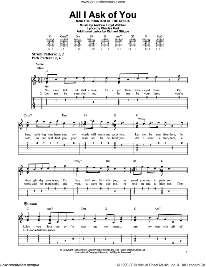 All I Ask Of You (from The Phantom Of The Opera) sheet music for guitar solo (easy tablature) by Andrew Lloyd Webber, Charles Hart and Richard Stilgoe, wedding score, easy guitar (easy tablature)