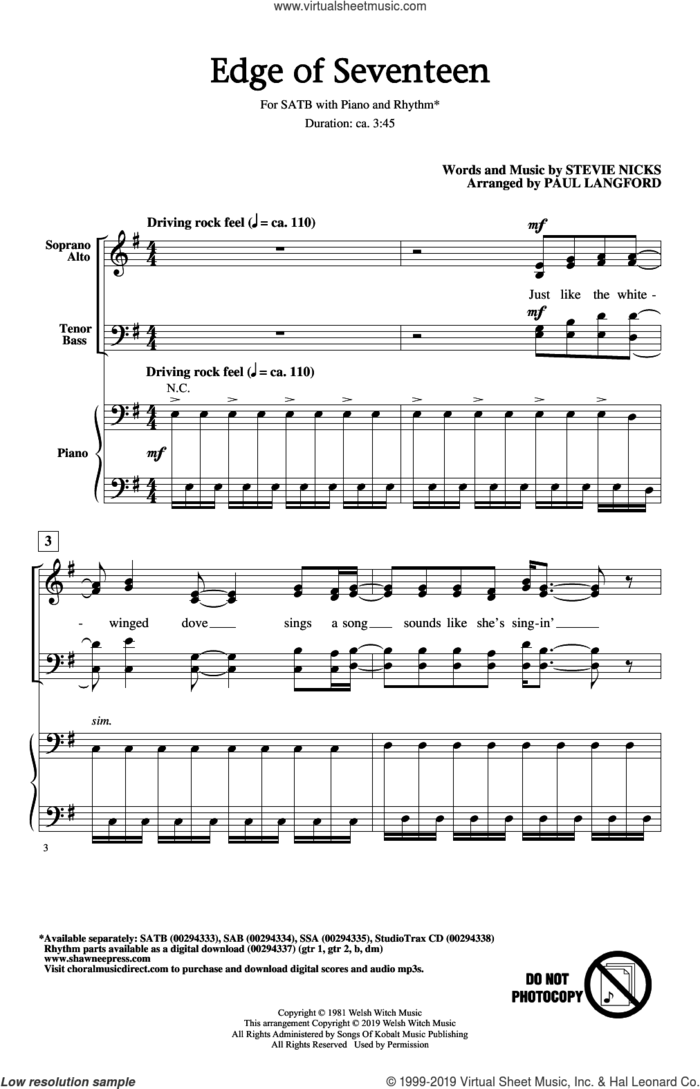Edge Of Seventeen (arr. Paul Langford) sheet music for choir (SATB: soprano, alto, tenor, bass) by Stevie Nicks and Paul Langford, intermediate skill level