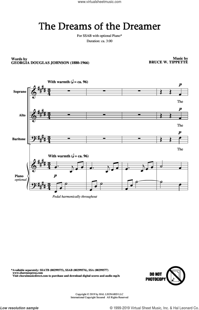 The Dreams Of The Dreamer sheet music for choir (SSAB) by Bruce W. Tippette, Georgia Douglas Johnson and Georgia Douglas Johnson and Bruce W. Tippette, intermediate skill level
