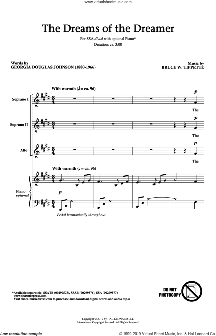 The Dreams Of The Dreamer sheet music for choir (SSA: soprano, alto) by Bruce W. Tippette, Georgia Douglas Johnson and Georgia Douglas Johnson and Bruce W. Tippette, intermediate skill level