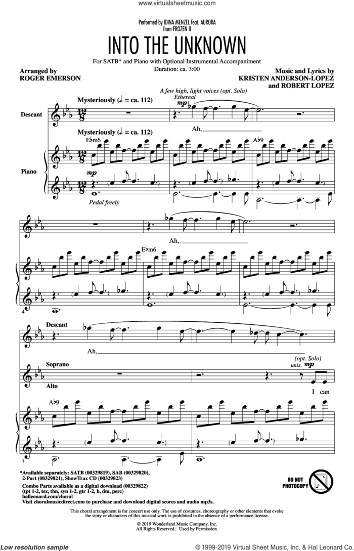 Into The Unknown (from Disney's Frozen 2) (arr. Roger Emerson) sheet music for choir (SATB: soprano, alto, tenor, bass) by Idina Menzel and AURORA, Roger Emerson, Aurora, Idina Menzel, Panic! At The Disco, Kristen Anderson-Lopez and Robert Lopez, intermediate skill level