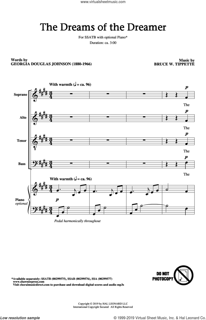 The Dreams Of The Dreamer sheet music for choir (SSATB) by Bruce W. Tippette, Georgia Douglas Johnson and Georgia Douglas Johnson and Bruce W. Tippette, intermediate skill level
