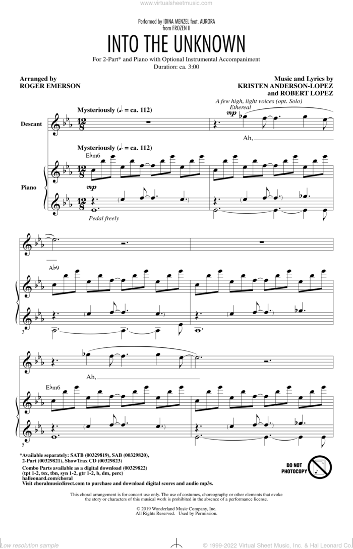 Into The Unknown (from Disney's Frozen 2) (arr. Roger Emerson) sheet music for choir (2-Part) by Idina Menzel and AURORA, Roger Emerson, Aurora, Idina Menzel, Panic! At The Disco, Kristen Anderson-Lopez and Robert Lopez, intermediate duet