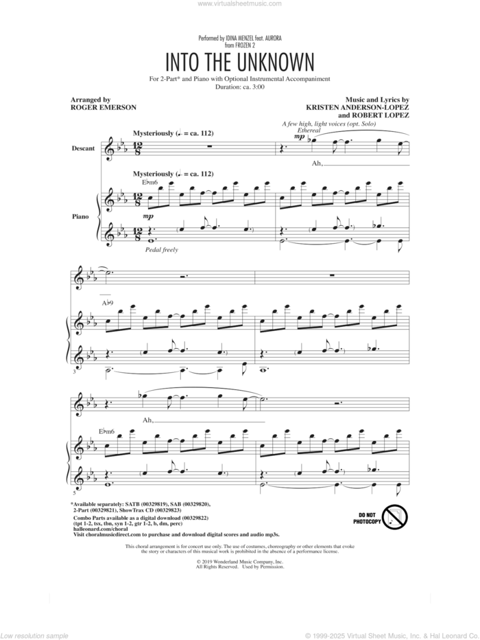 Into The Unknown (from Disney's Frozen 2) (arr. Roger Emerson) sheet music for choir (2-Part) by Idina Menzel and AURORA, Roger Emerson, Aurora, Idina Menzel, Panic! At The Disco, Kristen Anderson-Lopez and Robert Lopez, intermediate duet