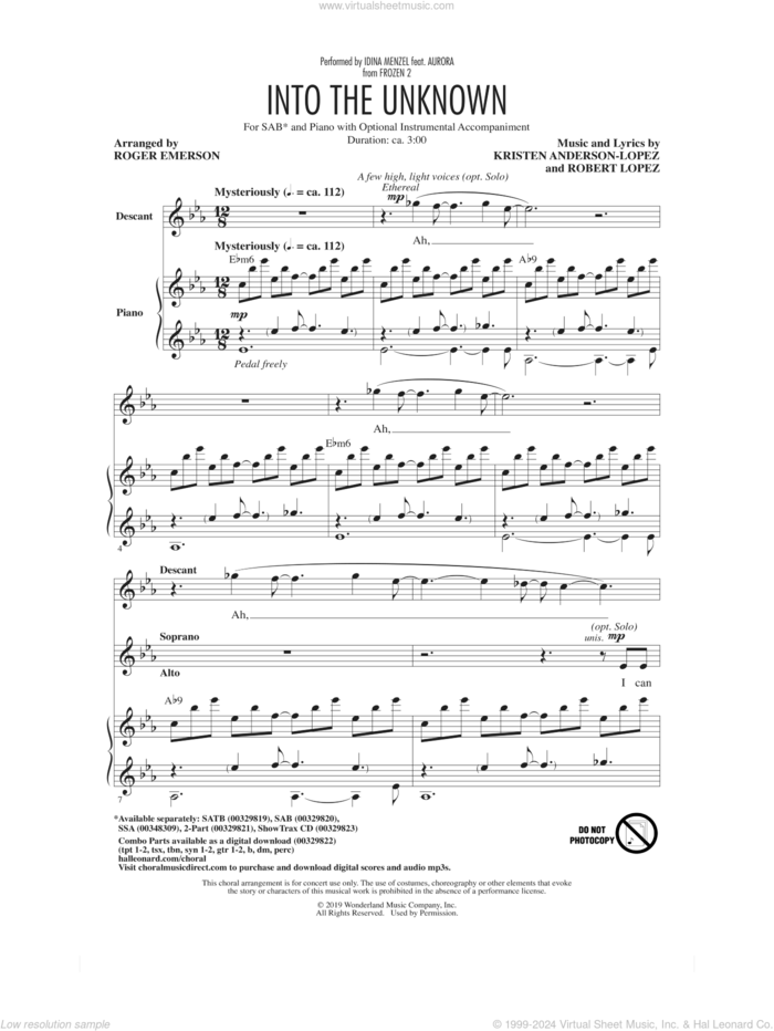 Into The Unknown (from Disney's Frozen 2) (arr. Roger Emerson) sheet music for choir (SAB: soprano, alto, bass) by Idina Menzel and AURORA, Roger Emerson, Aurora, Idina Menzel, Panic! At The Disco, Kristen Anderson-Lopez and Robert Lopez, intermediate skill level