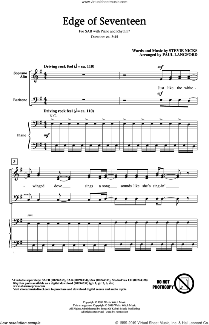 Edge Of Seventeen (arr. Paul Langford) sheet music for choir (SAB: soprano, alto, bass) by Stevie Nicks and Paul Langford, intermediate skill level