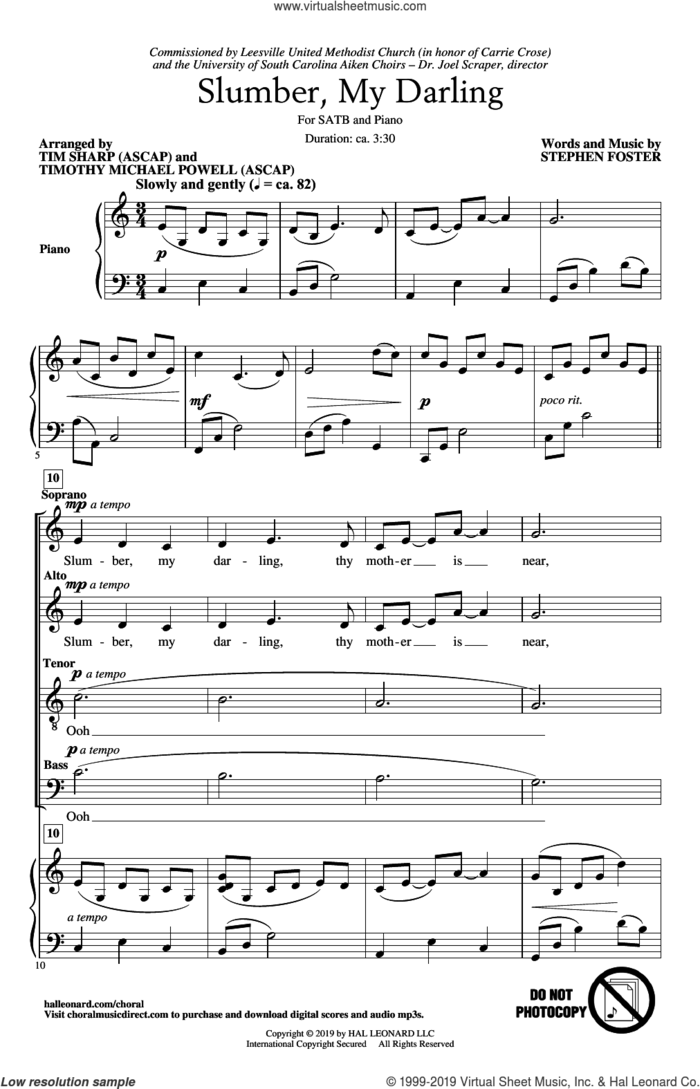 Slumber My Darling (arr. Tim Sharp and Timothy Michael Powell) sheet music for choir (SATB: soprano, alto, tenor, bass) by Stephen Foster, Tim Sharp and Timothy Michael Powell, intermediate skill level