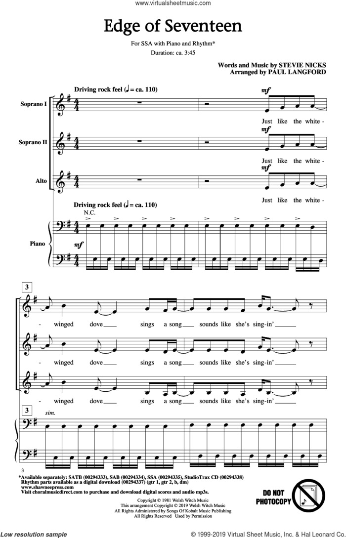 Edge Of Seventeen (arr. Paul Langford) sheet music for choir (SSA: soprano, alto) by Stevie Nicks and Paul Langford, intermediate skill level