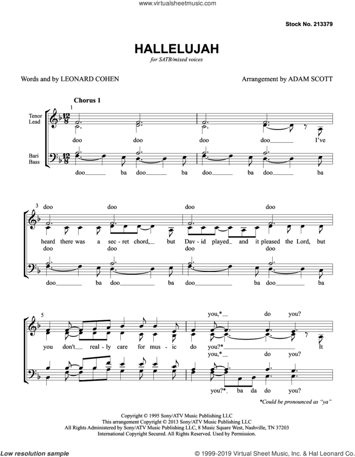 Hallelujah (arr. Adam Scott) sheet music for choir (SATB: soprano, alto, tenor, bass) by John Cale, Adam Scott and Leonard Cohen, intermediate skill level