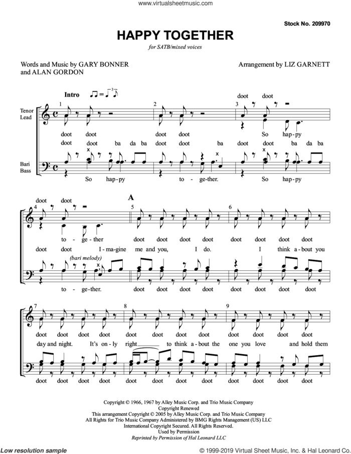 Happy Together (arr. Liz Garnett) sheet music for choir (SATB: soprano, alto, tenor, bass) by The Turtles, Liz Garnett, Alan Gordon and Gary Bonner, intermediate skill level