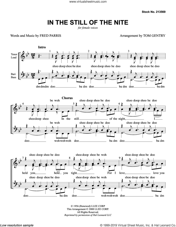In The Still Of The Nite (arr. Tom Gentry) sheet music for choir (SSAA: soprano, alto) by The Five Satins, Tom Gentry and Fred Parris, intermediate skill level