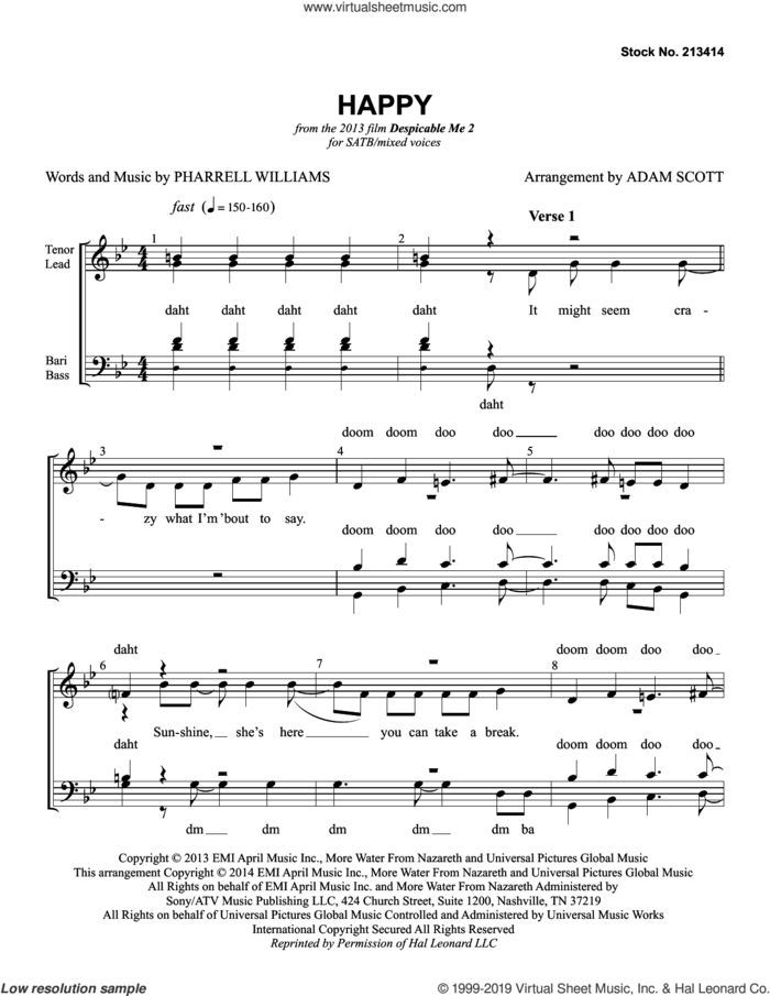 Happy (from Despicable Me 2) (arr. Adam Scott) sheet music for choir (SATB: soprano, alto, tenor, bass) by Pharrell Williams and Adam Scott, intermediate skill level