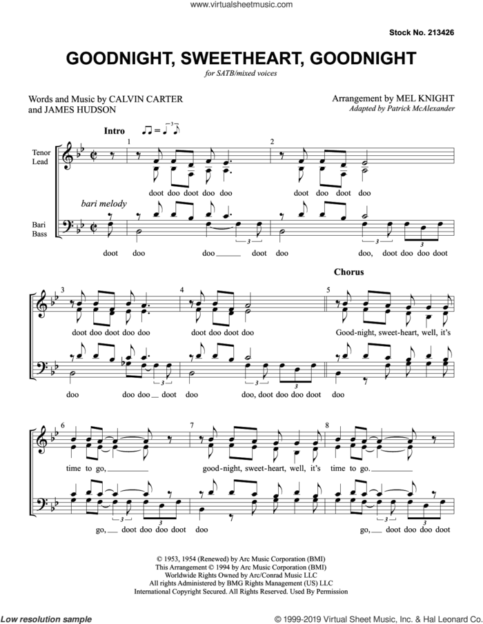 Goodnight, Sweetheart, Goodnight (arr. Mel Knight) sheet music for choir (SATB: soprano, alto, tenor, bass) by The McGuire Sisters, Mel Knight, Calvin Carter and James Hudson, intermediate skill level