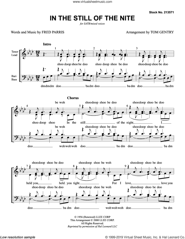 In The Still Of The Nite (arr. Tom Gentry) sheet music for choir (SATB: soprano, alto, tenor, bass) by The Five Satins, Tom Gentry and Fred Parris, intermediate skill level