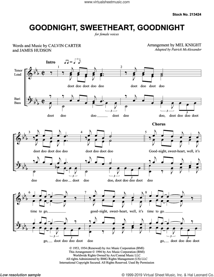 Goodnight, Sweetheart, Goodnight (arr. Mel Knight) sheet music for choir (SSAA: soprano, alto) by The McGuire Sisters, Mel Knight, Calvin Carter and James Hudson, intermediate skill level