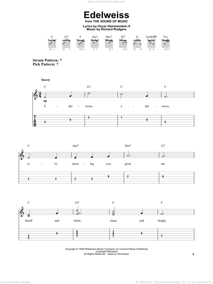 Edelweiss (from The Sound Of Music) sheet music for guitar solo (easy tablature) by Richard Rodgers, Oscar II Hammerstein and Rodgers & Hammerstein, easy guitar (easy tablature)