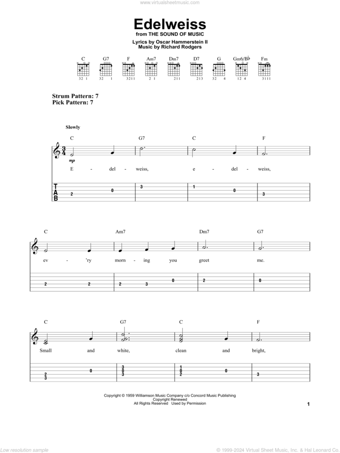 Edelweiss (from The Sound Of Music) sheet music for guitar solo (easy tablature) by Richard Rodgers, Oscar II Hammerstein and Rodgers & Hammerstein, easy guitar (easy tablature)