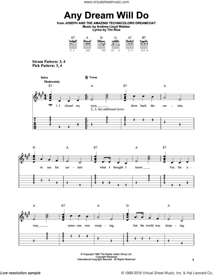 Any Dream Will Do (from Joseph And The Amazing Technicolor Dreamcoat) sheet music for guitar solo (easy tablature) by Andrew Lloyd Webber and Tim Rice, easy guitar (easy tablature)