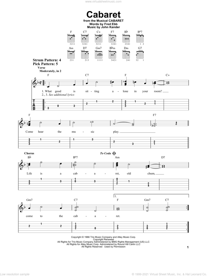 Cabaret sheet music for guitar solo (easy tablature) by John Kander, Fred Ebb and Kander & Ebb, easy guitar (easy tablature)