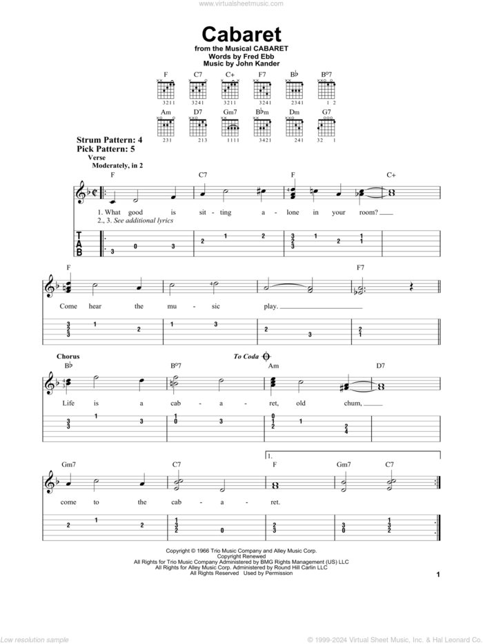 Cabaret sheet music for guitar solo (easy tablature) by John Kander, Fred Ebb and Kander & Ebb, easy guitar (easy tablature)