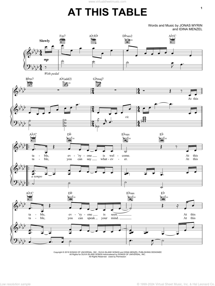 At This Table sheet music for voice, piano or guitar by Idina Menzel and Jonas Myrin, intermediate skill level
