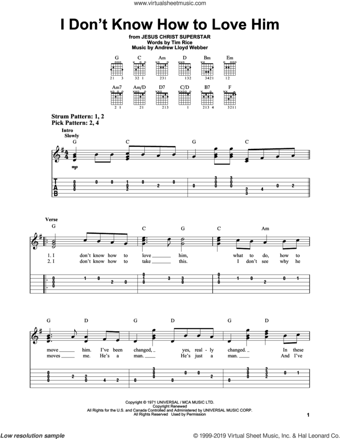 I Don't Know How To Love Him (from Jesus Christ Superstar) sheet music for guitar solo (easy tablature) by Andrew Lloyd Webber and Tim Rice, easy guitar (easy tablature)