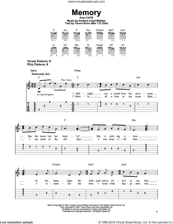 Memory (from Cats) sheet music for guitar solo (easy tablature) by Andrew Lloyd Webber and Trevor Nunn, easy guitar (easy tablature)