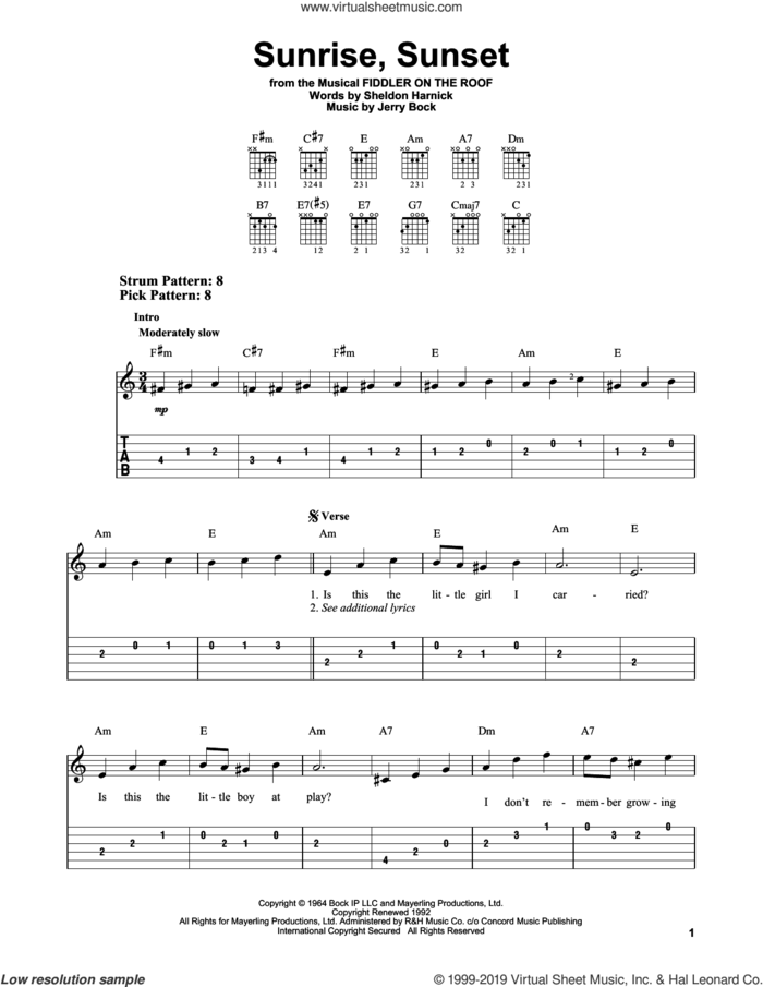 Sunrise, Sunset (from Fiddler On The Roof) sheet music for guitar solo (easy tablature) by Jerry Bock, Bock & Harnick and Sheldon Harnick, wedding score, easy guitar (easy tablature)