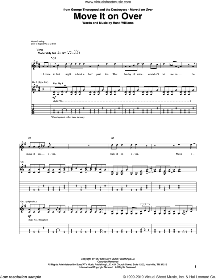 Move It On Over sheet music for guitar (tablature) by Hank Williams, intermediate skill level