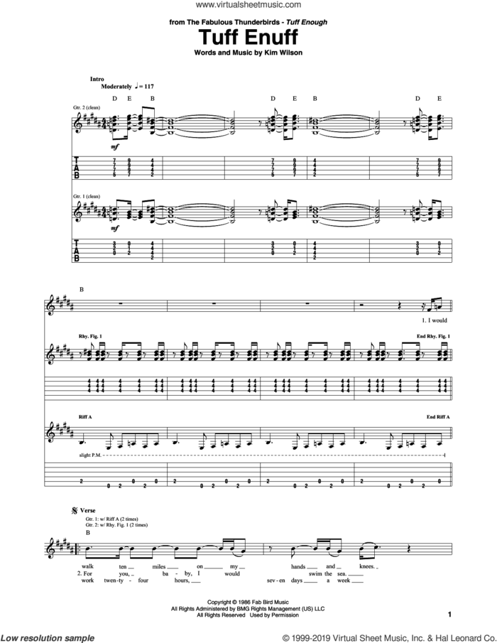Tuff Enuff sheet music for guitar (tablature) by The Fabulous Thunderbirds and Kim Wilson, intermediate skill level