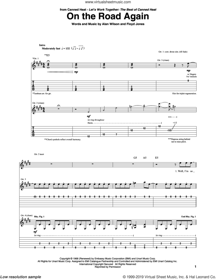 On The Road Again sheet music for guitar (tablature) by Canned Heat, Alan Wilson and Floyd Jones, intermediate skill level