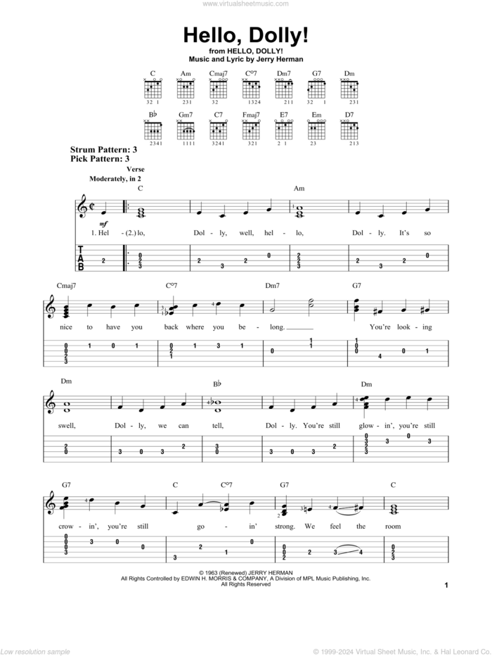 Hello, Dolly! sheet music for guitar solo (easy tablature) by Jerry Herman, easy guitar (easy tablature)