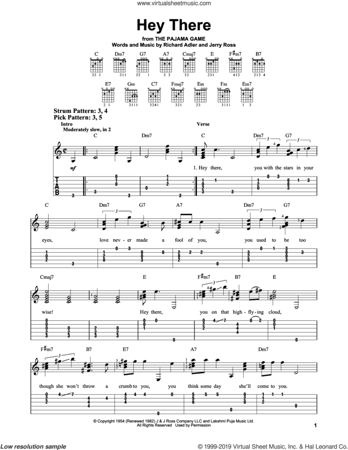 Hey There (from The Pajama Game) sheet music for guitar solo (easy tablature) by Richard Adler, Jerry Ross and Richard Adler & Jerry Ross, easy guitar (easy tablature)