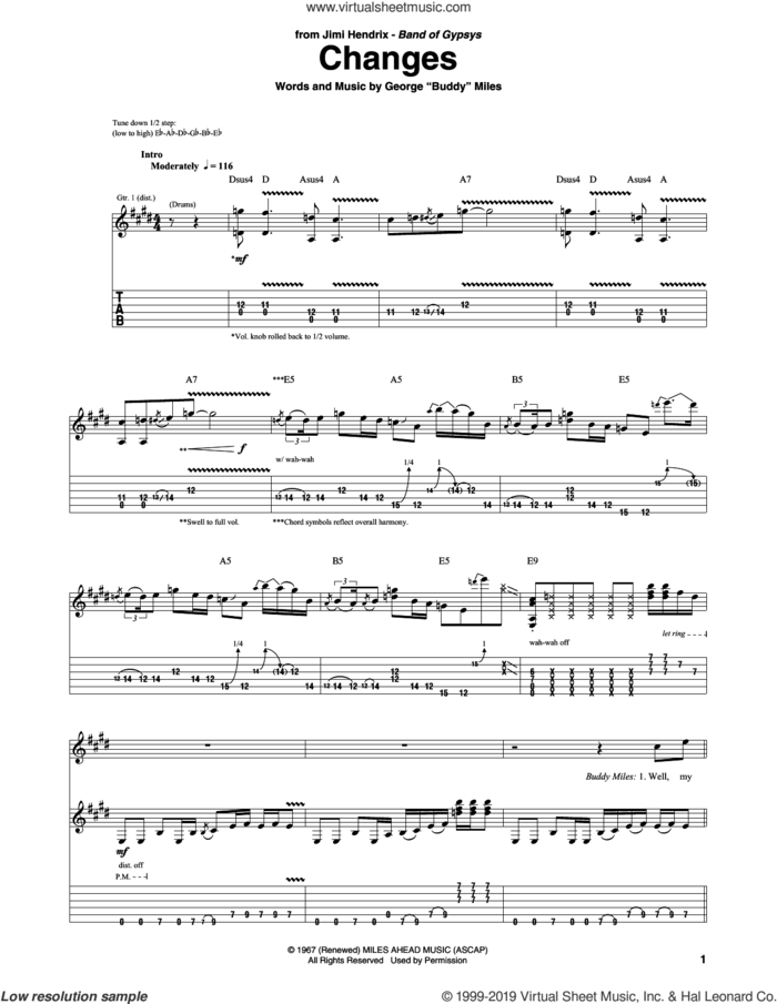 Changes sheet music for guitar (tablature) by Jimi Hendrix and George 'Buddy' Miles, intermediate skill level