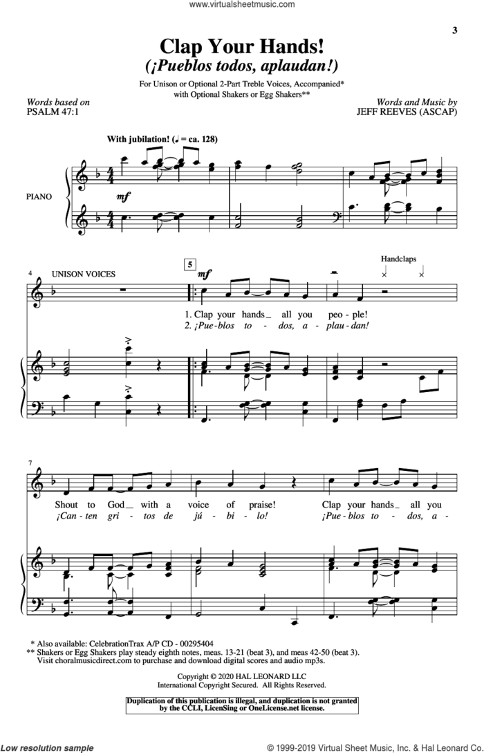 Clap Your Hands! (Pueblo todos, aplaudan!) sheet music for choir (Unison) by Jeff Reeves and Psalm 47:1, intermediate skill level