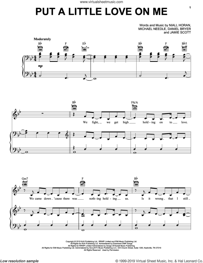 Put A Little Love On Me sheet music for voice, piano or guitar by Niall Horan, Daniel Bryer, Jamie Scott and Michael Needle, intermediate skill level