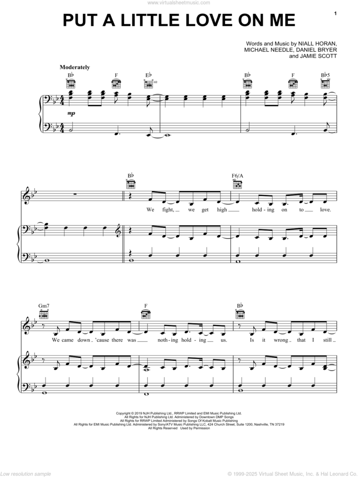 Put A Little Love On Me sheet music for voice, piano or guitar by Niall Horan, Daniel Bryer, Jamie Scott and Michael Needle, intermediate skill level