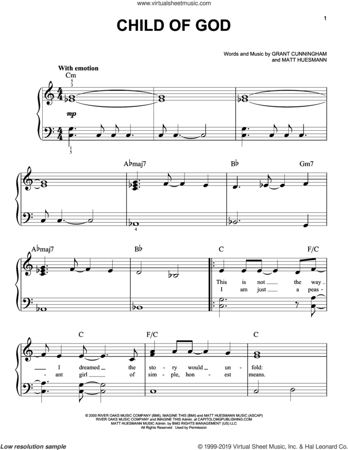 Child Of God sheet music for piano solo by Amy Grant, Grant Cunningham and Matt Huesmann, easy skill level
