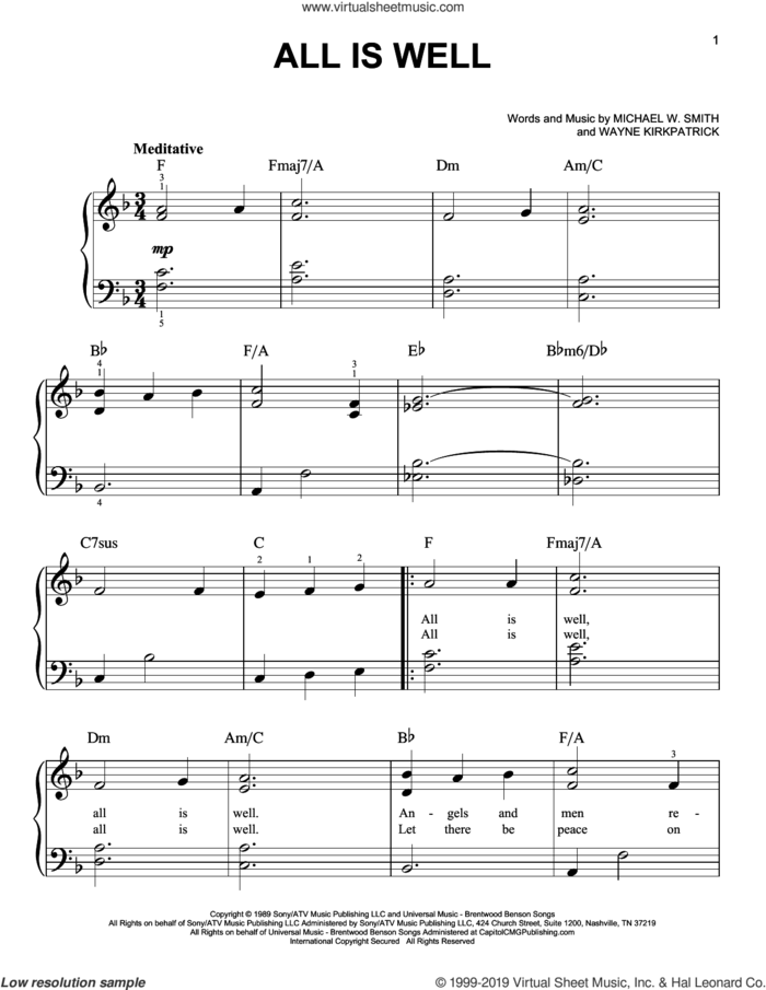All Is Well, (easy) sheet music for piano solo by Michael W. Smith and Wayne Kirkpatrick, easy skill level
