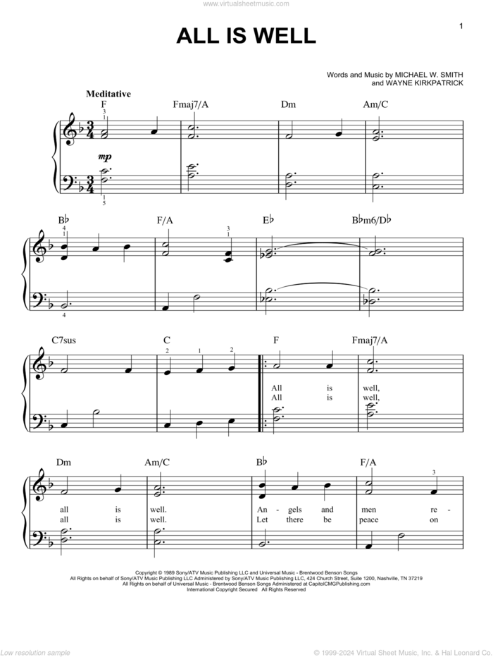 All Is Well, (easy) sheet music for piano solo by Michael W. Smith and Wayne Kirkpatrick, easy skill level